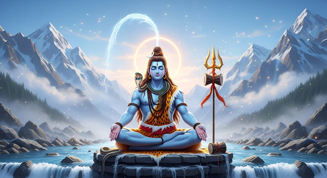 Shiva meditating in Himalaya with trident and river aura divine spiritual power for Maha Shivaratri worship meditation culture faith festival background