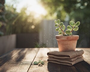 Potted Plant On Wooden Table Outdoors In Sunlight