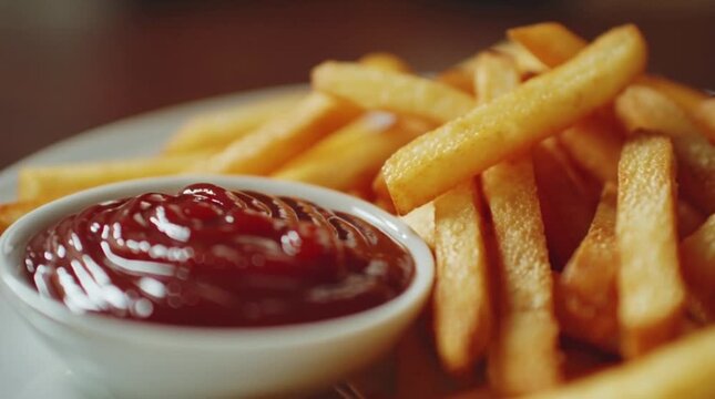 A plate of golden French fries served with ketchup in a small bowl