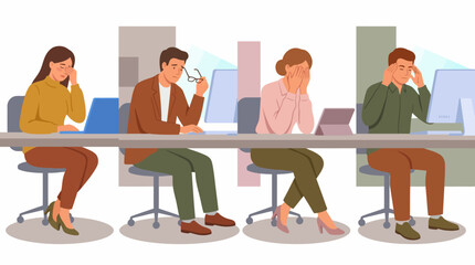 Group of Exhausted Employees Suffering from Office Burnout, Stress, Headache, and Eye Strain at Desks