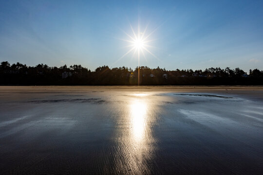 USA, Oregon, Newport, Morning sun reflecting in wet beach sand