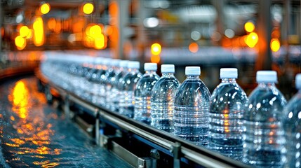 Water Bottles Moving On Conveyor Belt In Manufacturing Plant