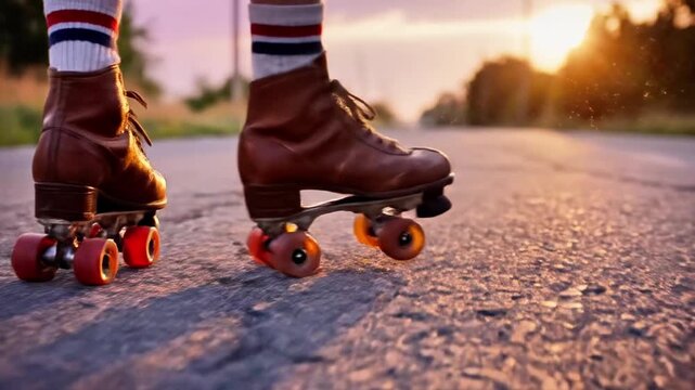 A person's feet wearing brown shoes and roller skates with orange wheels, gliding on an asphalt path during sunset