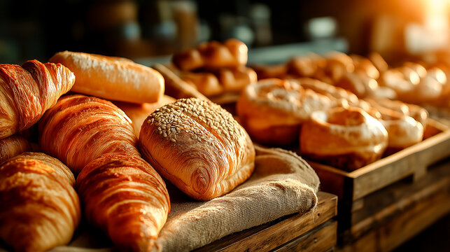 bread in a bakery display with croissants bread