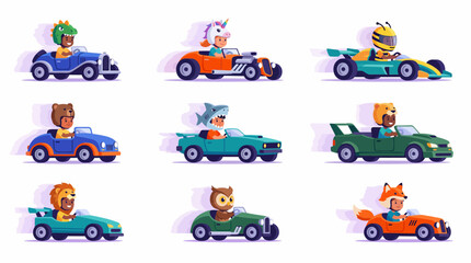 Obraz premium Cartoon Kids Race Cars Set: Cute Diverse Drivers in Animal Helmets (Dinosaur, Unicorn, Shark, Fox) Driving Fast Vehicles, Vector Illustration Bundle