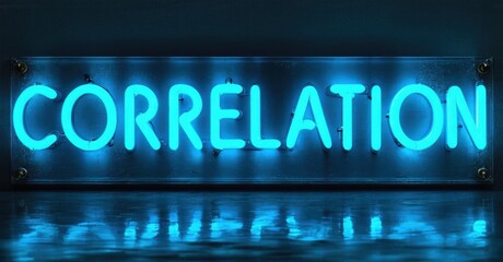 Fototapeta premium Bright blue neon sign displays correlation. Reflective surface creates mirrored image. Dark background emphasizes glowing text.