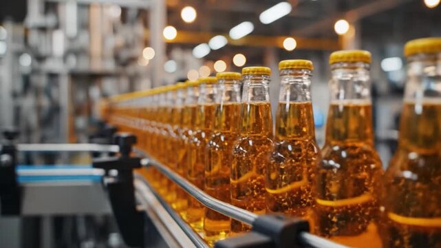 Beverage bottles moving on factory production line