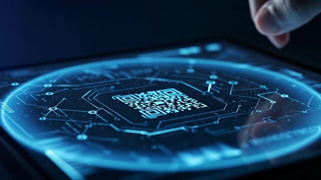 Close-up of a glowing QR code on a digital tablet touchscreen.