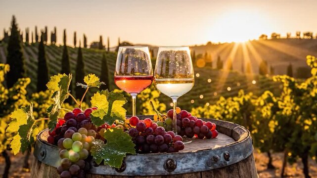 Sunset vineyard scene with wine glasses grapes and rustic barrel golden hour landscape