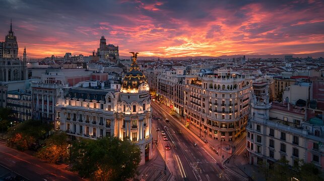 Madrid city skyline at sunset with Gran Via street and historic buildings