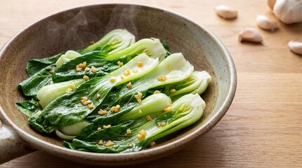 Bok Choy with Garlic: Stir-fried baby Bok Choy with minced garlic, vibrant green color, glistening oil, healthy fresh aesthetic, high resolution, copy space for text.
