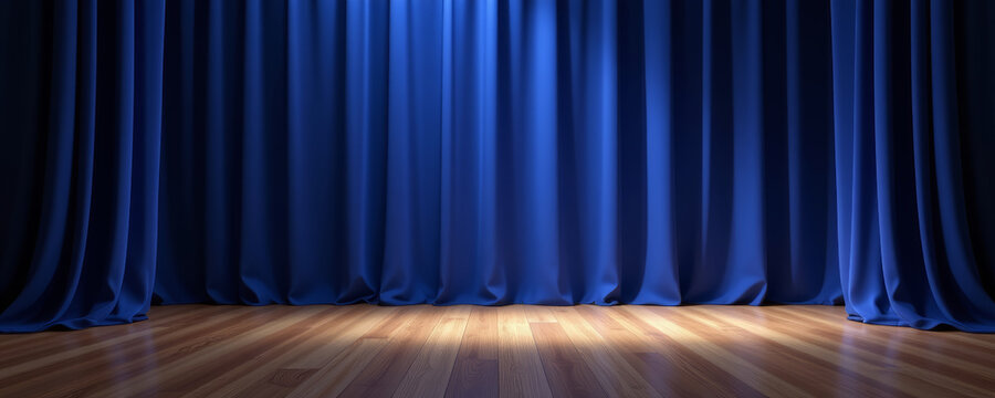 Blue curtain stage theater performance spotlight wood floor backdrop interior dramatic empty blue curtain stage theater performance spotlight wood