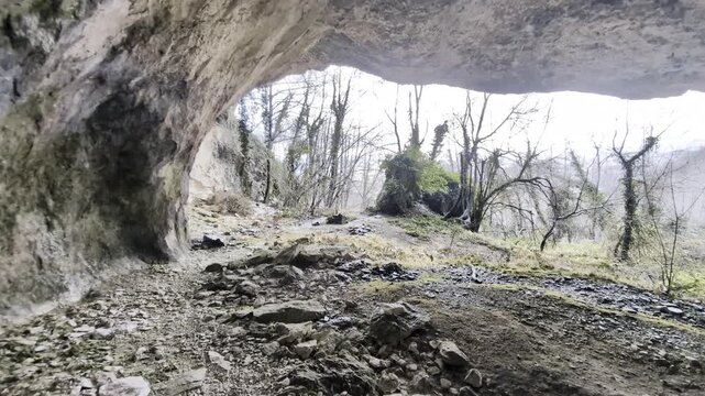 Ripresa dall&rsquo;interno di una grotta che si apre su un bosco invernale con alberi spogli. La luce naturale entra dall&rsquo;ingresso illuminando le rocce e creando un contrasto tra ombra e ambiente esterno