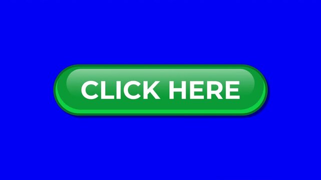 Click here animation. Green button by clicking arrow cursor. Click here button with mouse cursor animation. Click here icon