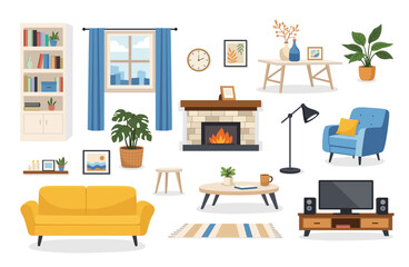 Flat vector living room interior elements set with modern furniture, decor, plants and accessories. Cozy home illustration pack for interior design, web, app, UI and print projects. © OlenaHalahan