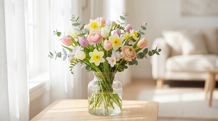 Beautiful Spring Flower Bouquet in a Glass Vase on a Table by a Window.