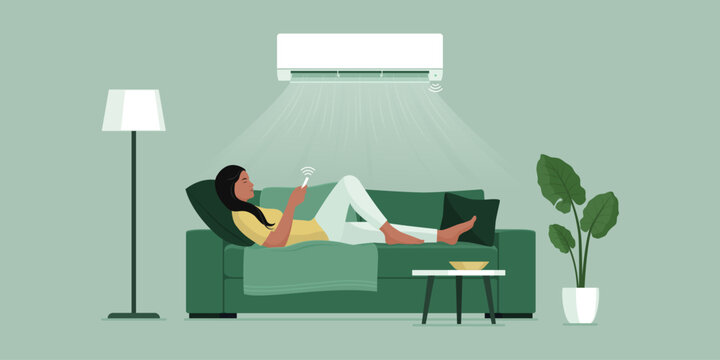 Woman relaxing on the couch at home and AC split system