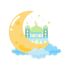 Islamic mosque with crescent moon and clouds for Eid Al Fitr celebration