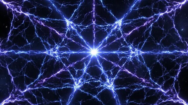 Electric blue lightning bolts radiating from a central point in a starburst pattern against a dark background with stars