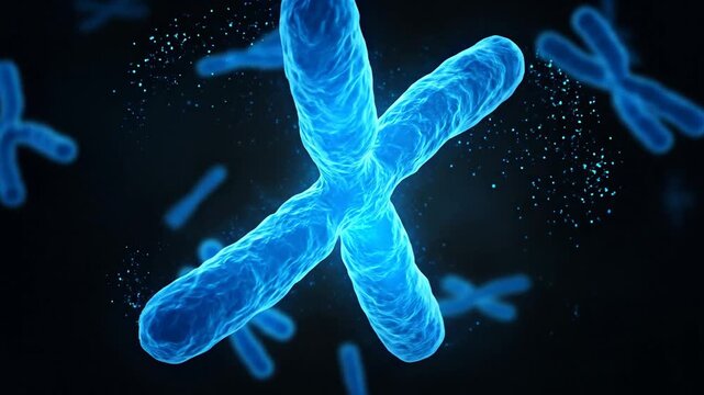 A glowing blue representation of chromosomes in a digital style.