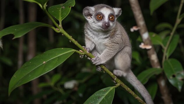 Close up of the gray mouse lemur (Microcebus murinus) feed on honeydew produce from the flatid leaf bug at night in Madagascar.
