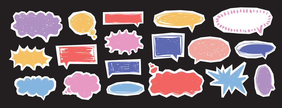 Hand drawn vector speech bubble shapes set. Doodle comic dialog clouds, colorful thought bubbles. Communication and message design. Scrapbook collage elements collection.