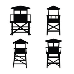 Four distinct black silhouette icons showcasing various designs of lookout and watchtowers