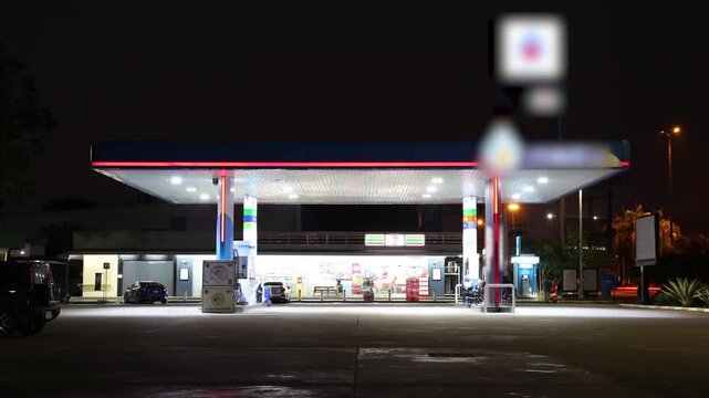 Time lapse of gas station, car refuel the energy