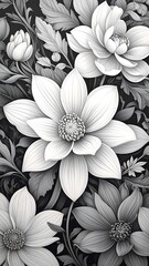 Artistic black and white floral illustration with multiple blooms and detailed foliage