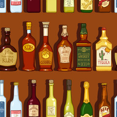 Seamless Pattern of Cartoon Alcohol Bottles