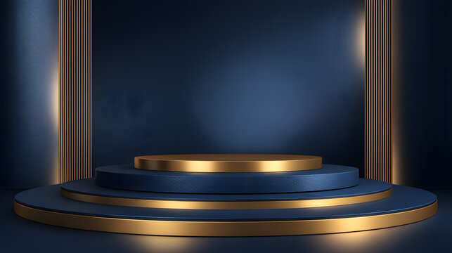 Empty dark interior room featuring a 3d exhibition stage with a blank podium under a in an architecture gallery space for product presentation gold an blue