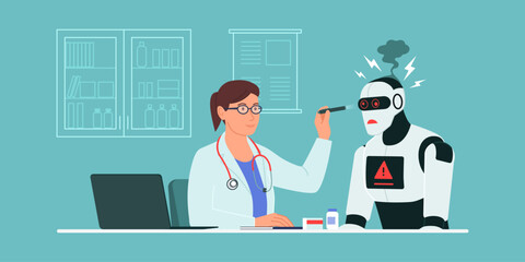 Doctor visiting a malfunctioning AI robot