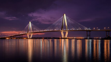 Obraz premium Illuminated modern cable-stayed bridge at night reflecting in the water with city lights.