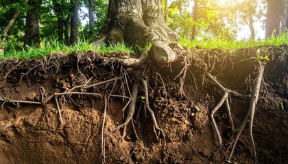 Fototapeta premium Tree Roots Exposed in Soil Cross-Section with Sunlight.