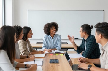 Fototapeta premium Diverse group collaborating around conference table during a meeting, sharing ideas and strategies for success