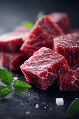 Close Up Of Raw Beef Cubes With Herbs On Dark Background