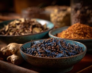 Assorted Dried Spices In Bowls On Wooden Tray