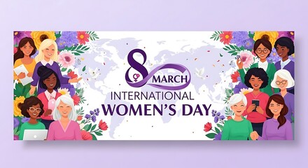 Obraz premium Diverse group of smiling women celebrating International Women's Day with flowers and a world map background.