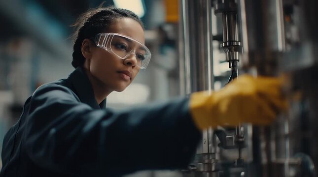 Young adult trainee adjusts equipment in industrial setting with safety gear