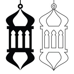 Traditional arabic lantern fanoos icon in black silhouette and outline line art vector isolated on white background for ramadan eid celebration