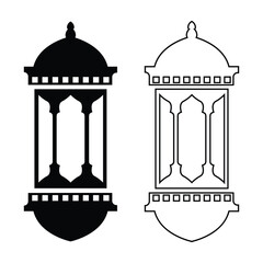 Traditional arabic lantern fanoos with ornate windows in black silhouette and outline line art vector isolated on white background for ramadan eid