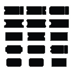 Collection of blank black ticket silhouettes with perforated edges and torn sides, isolated on white background, concept for invitation or entry
