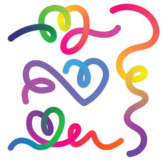 Vibrant colorful swirling ribbons forming abstract shapes and playful heart symbols with smooth gradients on isolated white background, creative graphic design