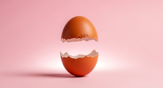 A broken brown egg on a pink background with shell fragments separated
