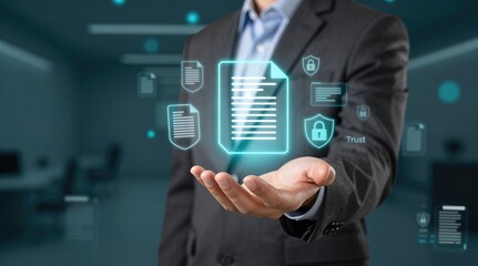 Fototapeta premium Data Protection Concept: Businessman Presenting Holographic Data Icons for Secure Information Management and Cyber Security Solutions
