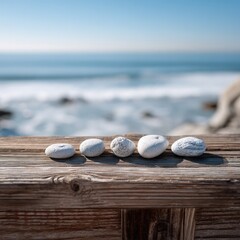 Row Of White Stones On Wooden Plank At Seashore