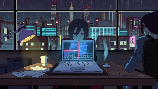 2D anime-style female student coding night messy desk notes, coffee cups glowing laptop screen, window view neon cyberpunk city rain, holographic lights reflecting animations flickering laptop coffee