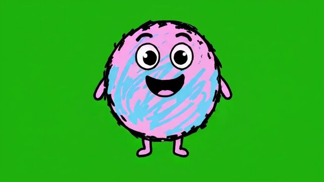 Cute cartoon fluffy monster character with big eyes and smile.