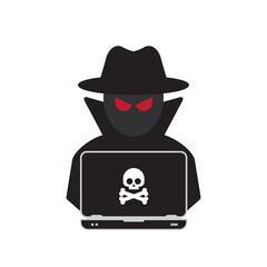 Hacker at laptop icon. Flat illustration of hacker at laptop vector icon for web design	