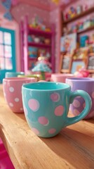 Colorful Dotted Cups On Wooden Table In Pink Room